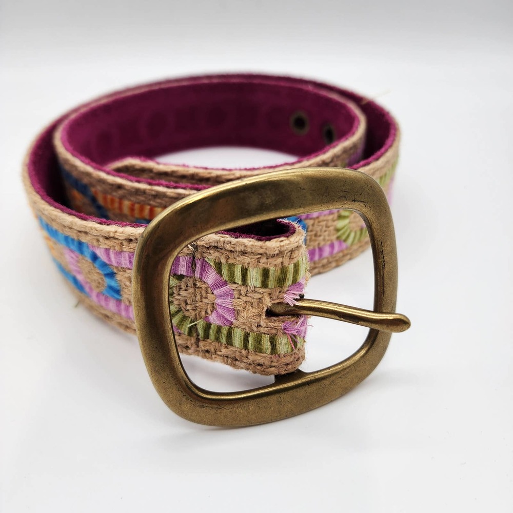 Source Unknown Embroidered Multicolor Boho Belt with Brass Buckle